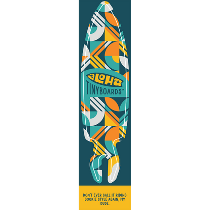 Aloha Tinyboard Geometric sticker decal with orange, teal and white shapes on navy, created by a local surfer featuring a Story from the Lineup: Don’t ever call it riding Dookie Style again, my dude.