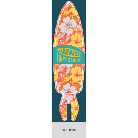 Aloha Tinyboard Hawaiian Flowers sticker decal with white and yellow hibiscus and tropical leaf pattern on coral background, created by a local surfer featuring a Story from the Lineup: Lei it on me.