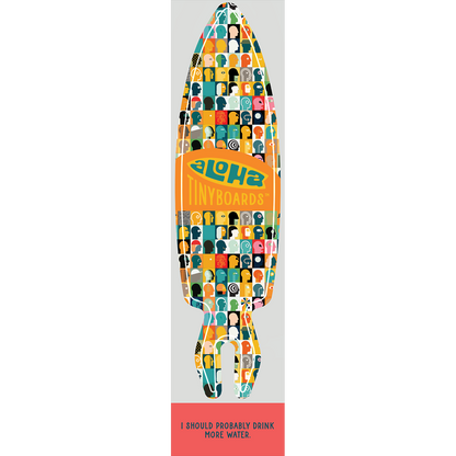 Aloha Tinyboard Heads sticker decal with multicolored head silhouettes in a grid pattern on light gray, created by a local surfer featuring a Story from the Lineup: I should probably drink more water.