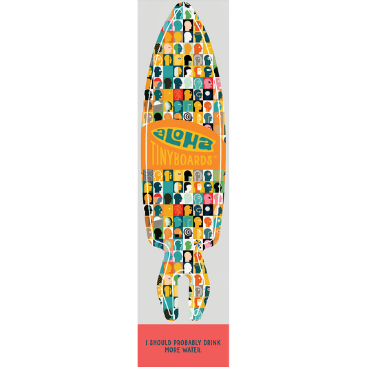 Aloha Tinyboard Heads sticker decal with multicolored head silhouettes in a grid pattern on light gray, created by a local surfer featuring a Story from the Lineup: I should probably drink more water.
