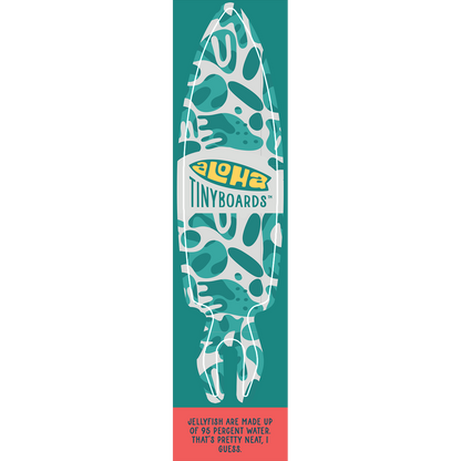 Aloha Tinyboard Jellyfish sticker decal with abstract teal and white organic shapes on a teal background, created by a local surfer featuring a Story from the Lineup: Jellyfish are made up of 95 percent water. That’s pretty neat, I guess.