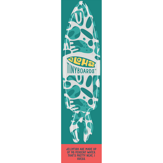Aloha Tinyboard Jellyfish sticker decal with abstract teal and white organic shapes on a teal background, created by a local surfer featuring a Story from the Lineup: Jellyfish are made up of 95 percent water. That’s pretty neat, I guess.