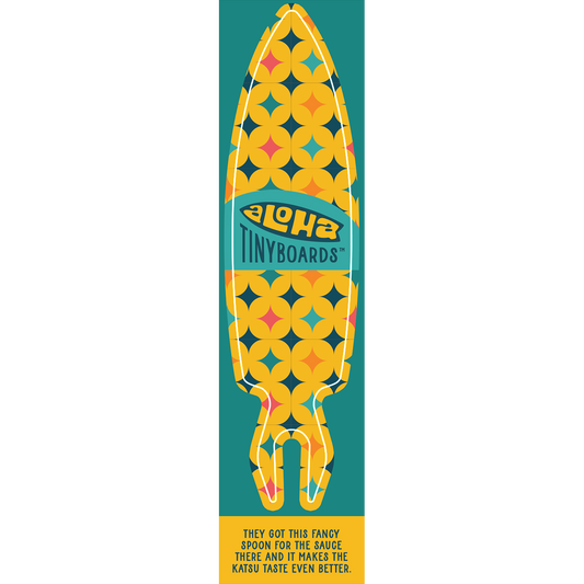 Aloha Tinyboard Katsu sticker decal with yellow and orange geometric star motifs on teal background, created by a local surfer featuring a Story from the Lineup: They got this fancy spoon for the sauce there and it makes the katsu taste even better.