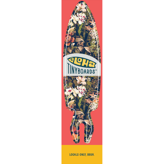 Aloha Tinyboard Locals Only sticker decal with vintage botanical collage of white and orange flowers and green foliage on red background, created by a local surfer featuring a Story from the Lineup: Locals only, bruh.