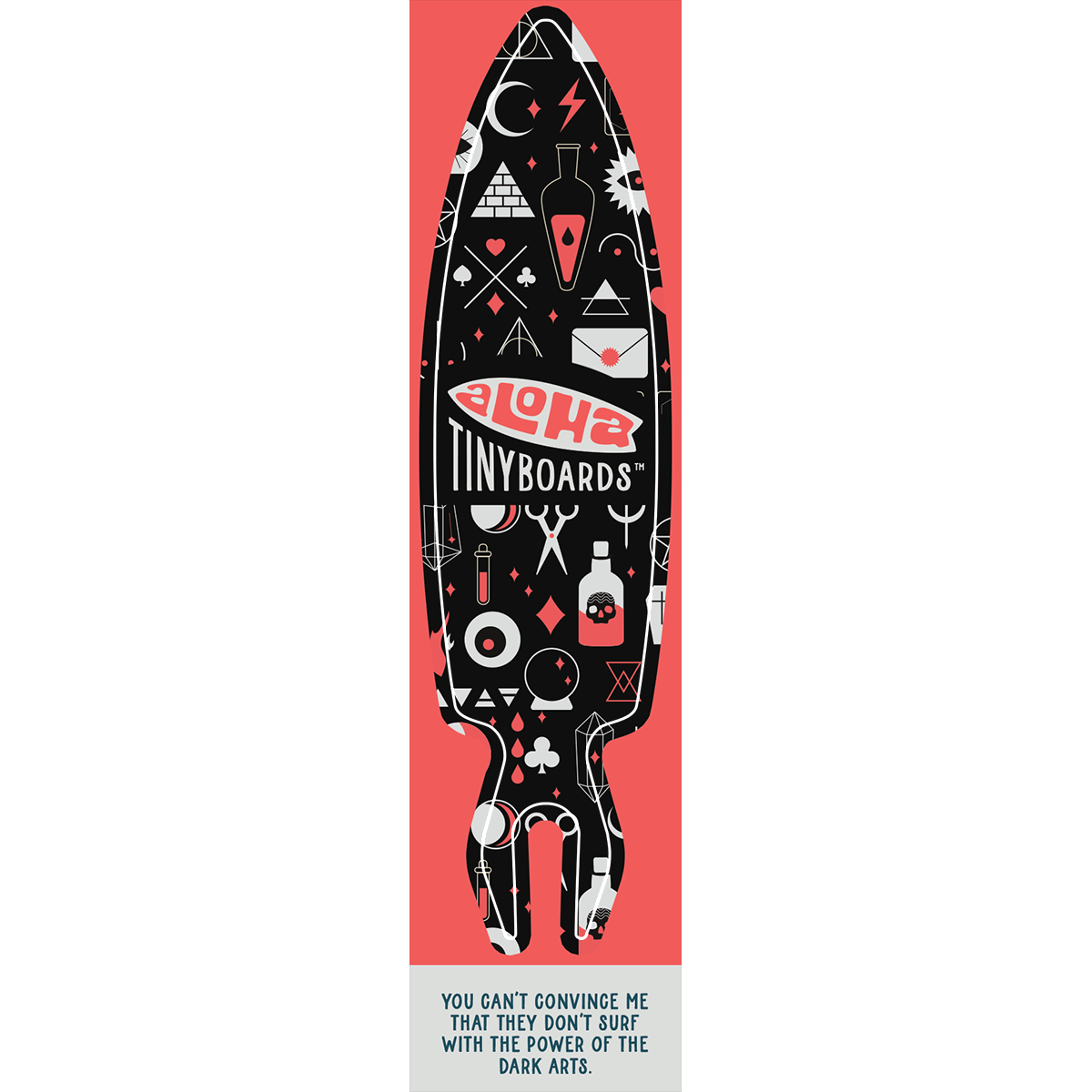 Aloha Tinyboard magic sticker decal with white and coral mystical symbols on black, created by a local surfer featuring a Story from the Lineup: You can’t convince me that they don’t surf with the power of the dark arts.