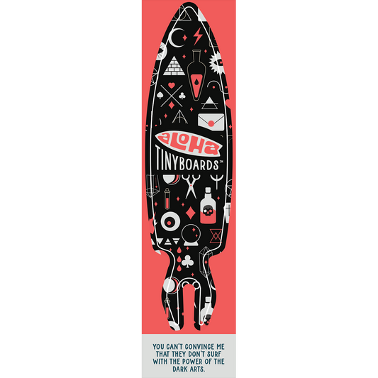 Aloha Tinyboard magic sticker decal with white and coral mystical symbols on black, created by a local surfer featuring a Story from the Lineup: You can’t convince me that they don’t surf with the power of the dark arts.