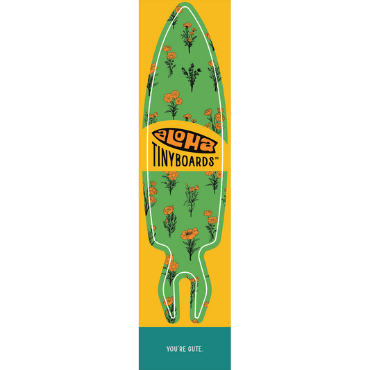 Aloha Tinyboard marigolds sticker decal with orange marigold sprigs on green, created by a local surfer featuring a Story from the Lineup: You’re cute.