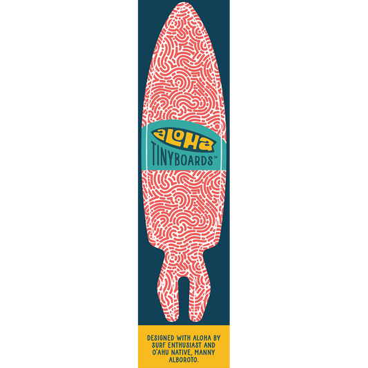 Aloha Tinyboard maze sticker decal with coral maze-like pattern on white, created by a local surfer featuring a Story from the Lineup: Designed with Aloha by surf enthusiast and Oʻahu native, Manny Alboroto.