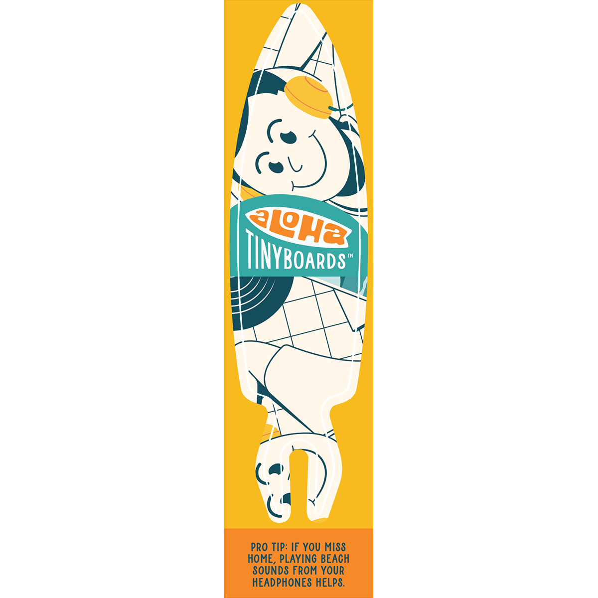 Aloha Tinyboard music sticker decal with white and teal cartoon surfer wearing yellow headphones on yellow, created by a local surfer featuring a Story from the Lineup: Pro Tip: If you miss home, playing beach sounds from your headphones helps.