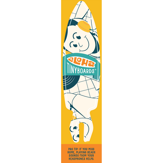 Aloha Tinyboard music sticker decal with white and teal cartoon surfer wearing yellow headphones on yellow, created by a local surfer featuring a Story from the Lineup: Pro Tip: If you miss home, playing beach sounds from your headphones helps.
