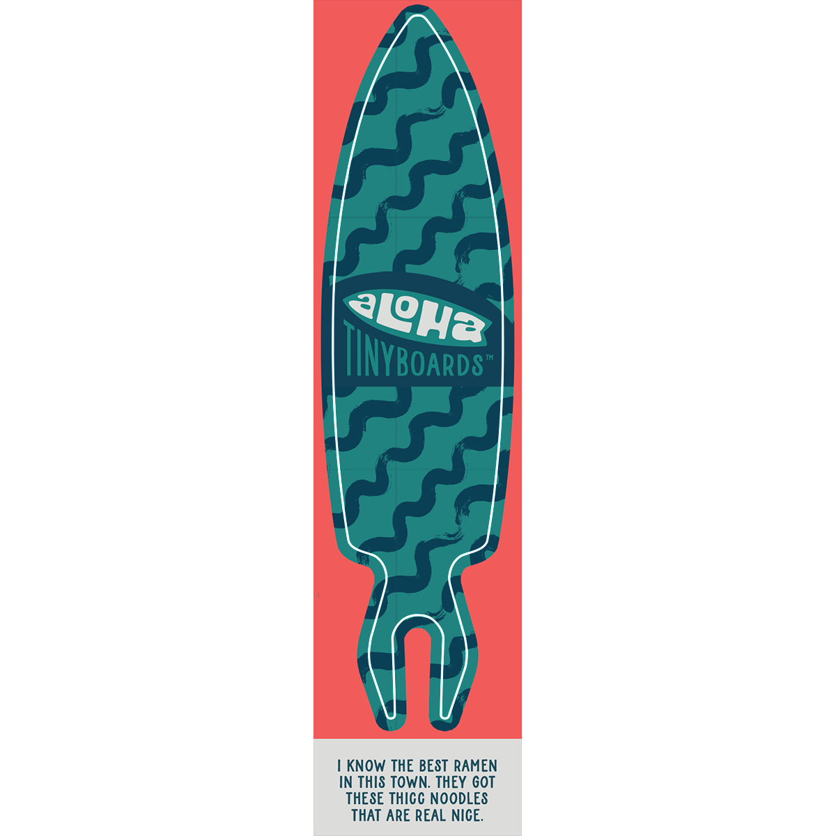 Aloha Tinyboard noodles sticker decal with dark teal brushstroke noodle shapes on teal background, created by a local surfer featuring a Story from the Lineup: I know the best ramen in this town. They got these thicc noodles that are real nice.