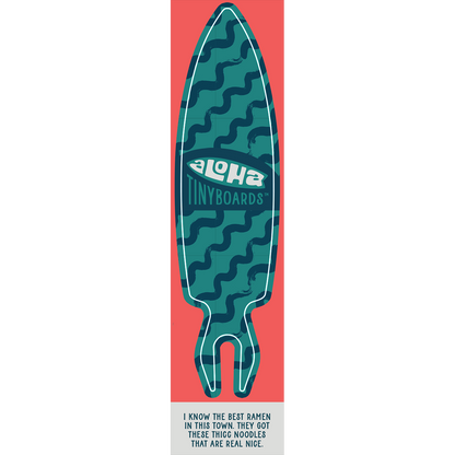 Aloha Tinyboard noodles sticker decal with dark teal brushstroke noodle shapes on teal background, created by a local surfer featuring a Story from the Lineup: I know the best ramen in this town. They got these thicc noodles that are real nice.
