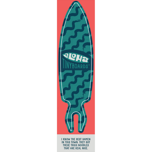 Aloha Tinyboard noodles sticker decal with dark teal brushstroke noodle shapes on teal background, created by a local surfer featuring a Story from the Lineup: I know the best ramen in this town. They got these thicc noodles that are real nice.