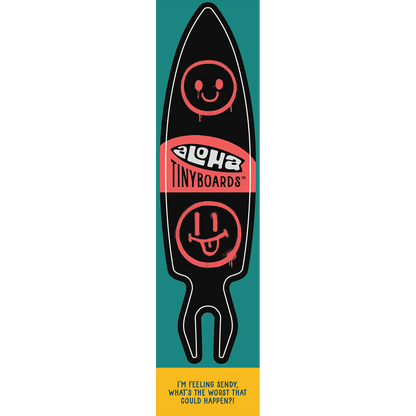 Aloha Tinyboard spraypaint sticker decal with coral spray-painted smiley faces on black background, created by a local surfer featuring a Story from the Lineup: I’m feeling sendy, what’s the worst that could happen?!