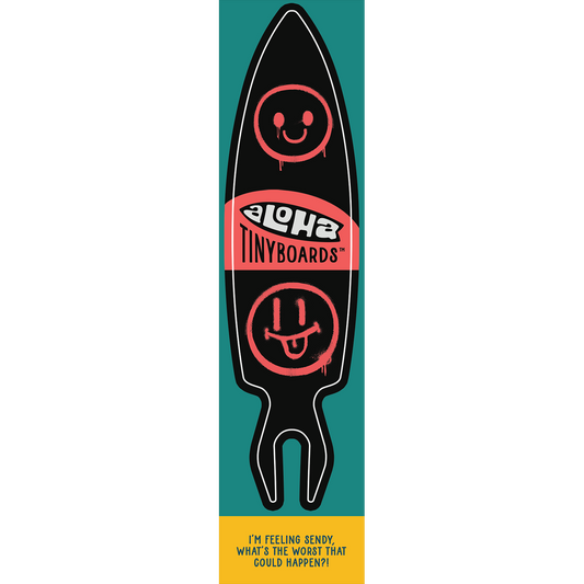 Aloha Tinyboard spraypaint sticker decal with coral spray-painted smiley faces on black background, created by a local surfer featuring a Story from the Lineup: I’m feeling sendy, what’s the worst that could happen?!