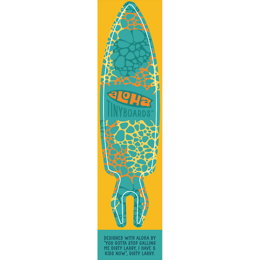 Aloha Tinyboard stones sticker decal with turquoise and coral pebble pattern on yellow background, created by a local surfer featuring a Story from the Lineup: Designed with Aloha by “You gotta stop calling me Dirty Larry, I have 5 kids now”, Dirty Larry.
