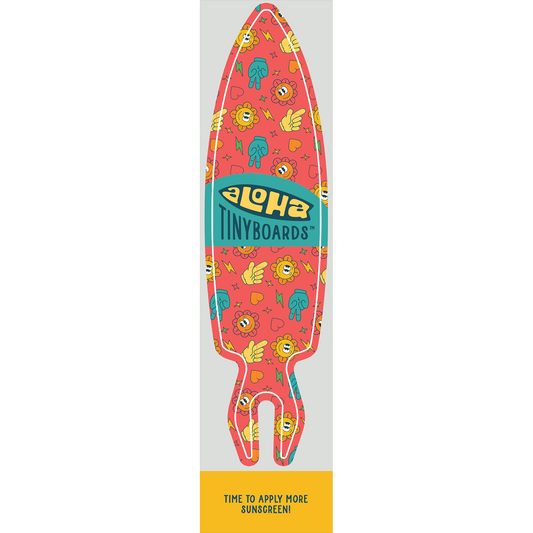 Aloha Tinyboard sunscreen sticker decal with yellow sun and hand icons, hearts, and lightning bolts on coral background, created by a local surfer featuring a Story from the Lineup: Time to apply more sunscreen!