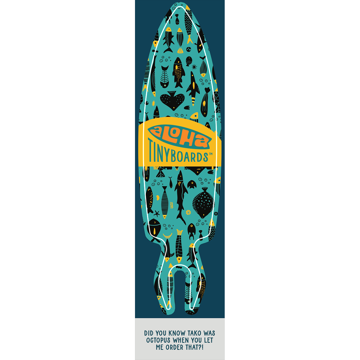 Aloha Tinyboard Tako sticker decal with black and yellow fish silhouettes on teal background, created by a local surfer featuring a Story from the Lineup: Did you know Tako was octopus when you let me order that?!
