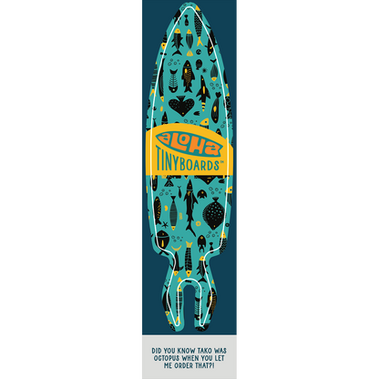 Aloha Tinyboard Tako sticker decal with black and yellow fish silhouettes on teal background, created by a local surfer featuring a Story from the Lineup: Did you know Tako was octopus when you let me order that?!
