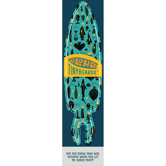 Aloha Tinyboard Tako sticker decal with black and yellow fish silhouettes on teal background, created by a local surfer featuring a Story from the Lineup: Did you know Tako was octopus when you let me order that?!