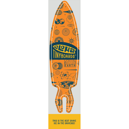 Aloha Tinyboard universe sticker decal with navy globe and cosmic symbols on orange, created by a local surfer featuring a Story from the Lineup: This is the best shave ice in the universe!