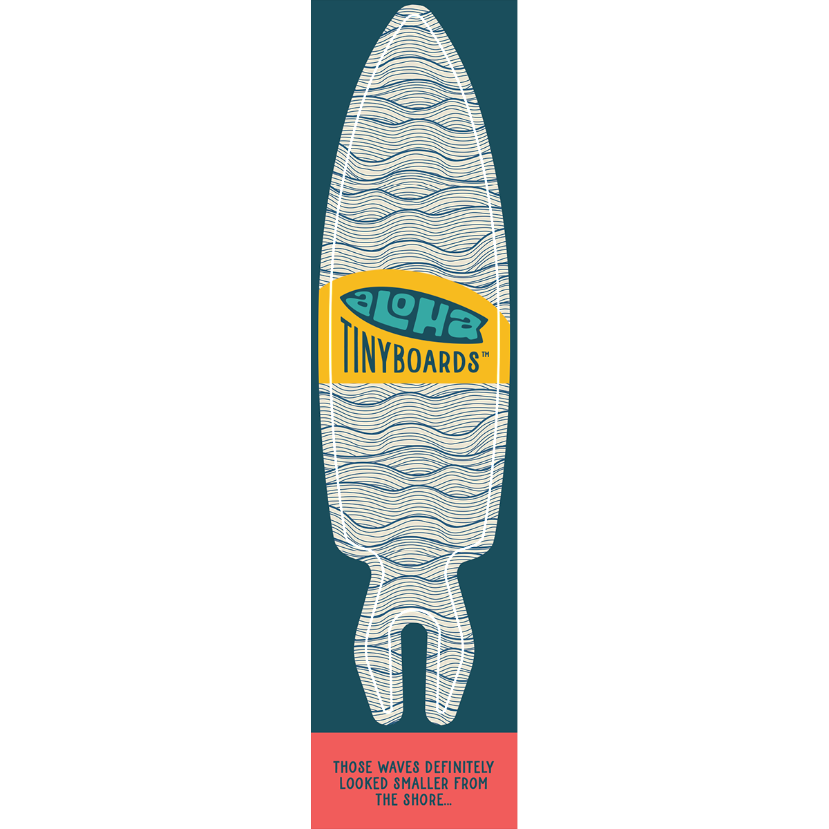 Aloha Tinyboard waves sticker decal with navy wavy lines on white, created by a local surfer featuring a Story from the Lineup: Those waves definitely looked smaller from the shore...