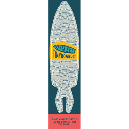 Aloha Tinyboard waves sticker decal with navy wavy lines on white, created by a local surfer featuring a Story from the Lineup: Those waves definitely looked smaller from the shore...