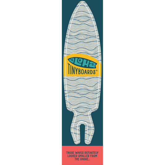 Aloha Tinyboard waves sticker decal with navy wavy lines on white, created by a local surfer featuring a Story from the Lineup: Those waves definitely looked smaller from the shore...