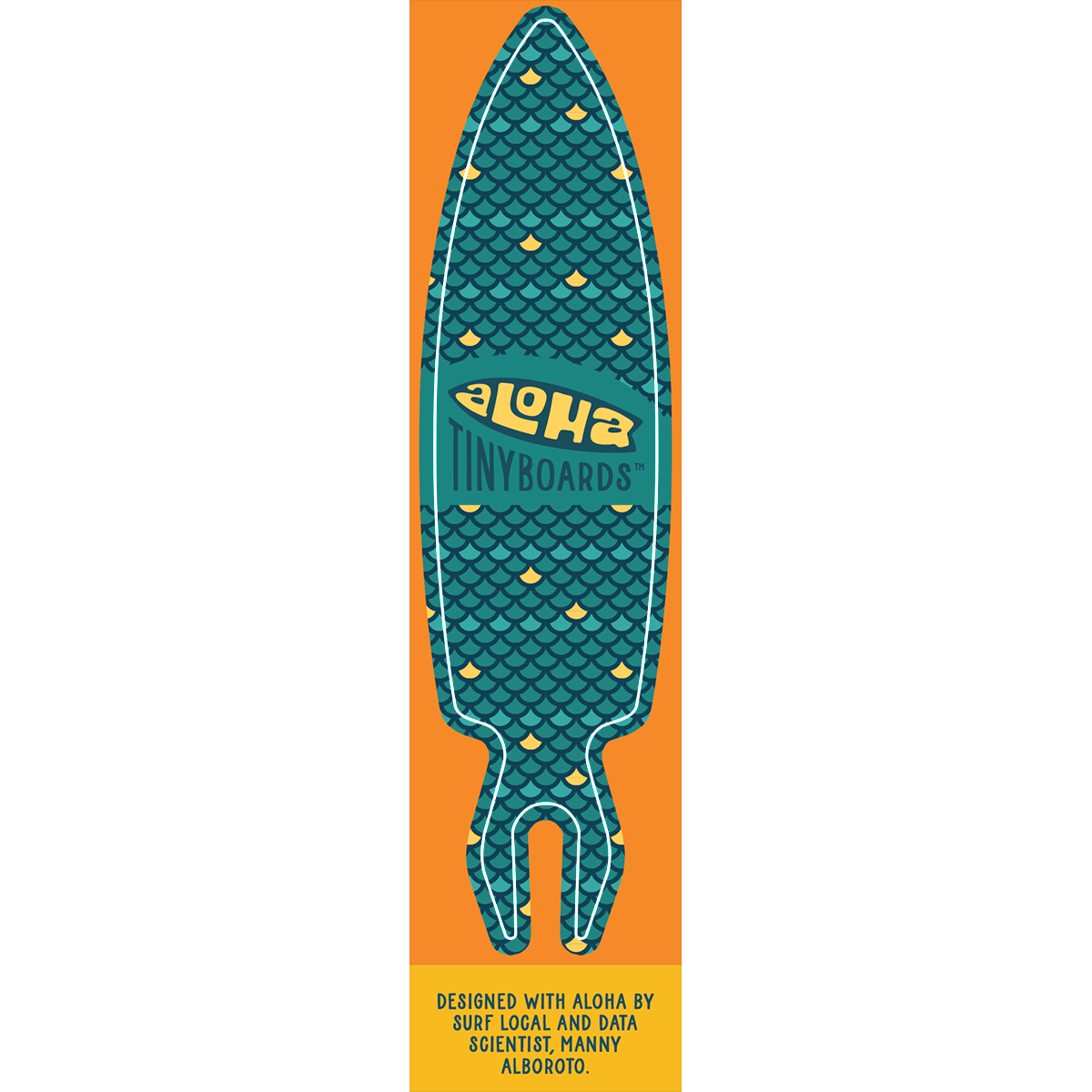 Aloha Tinyboard Fish Scales sticker decal with teal and yellow scale pattern, created by a local surfer featuring a Story from the Lineup: Designed with Aloha by surf local and data scientist, Manny Alboroto.