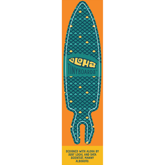 Aloha Tinyboard Fish Scales sticker decal with teal and yellow scale pattern, created by a local surfer featuring a Story from the Lineup: Designed with Aloha by surf local and data scientist, Manny Alboroto.