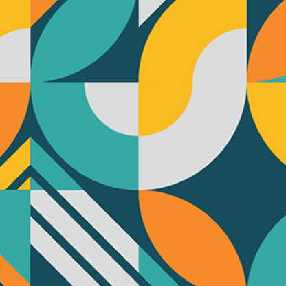 Close-up of Aloha Tinyboard sticker decal “Geometric” detailing the orange, teal and white shapes on navy background.