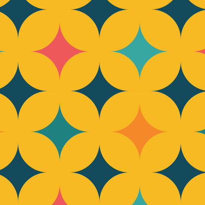 Close-up of Aloha Tinyboard sticker decal “Katsu” detailing the yellow and orange geometric star motifs.