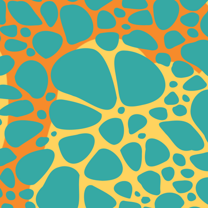 Close-up of Aloha Tinyboard sticker decal “Stones” detailing the turquoise and coral pebble pattern on yellow background.