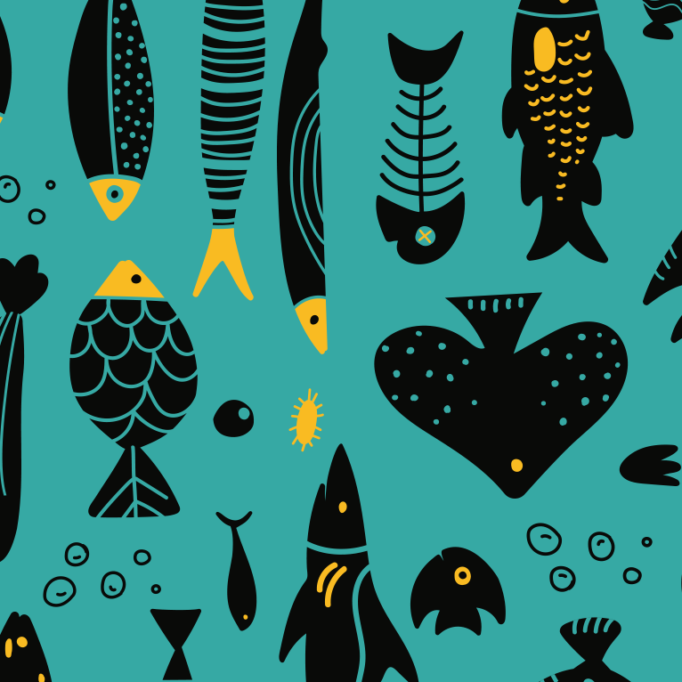 Close-up of Aloha Tinyboard sticker decal “Tako” detailing the black and yellow fish silhouettes on teal background.